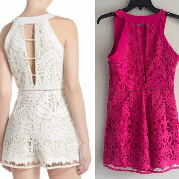 Adelyn Rae Pink Cutout Lace Romper hot pink 22160 - Picture 1 of 9
